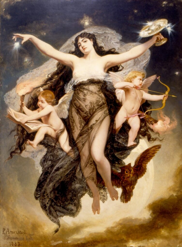 Zdroj: https://commons.wikimedia.org/wiki/File:Pedro_Am%C3%A9rico_-_A_Noite_e_os_G%C3%AAnios_do_Estudo_e_do_Amor.jpg