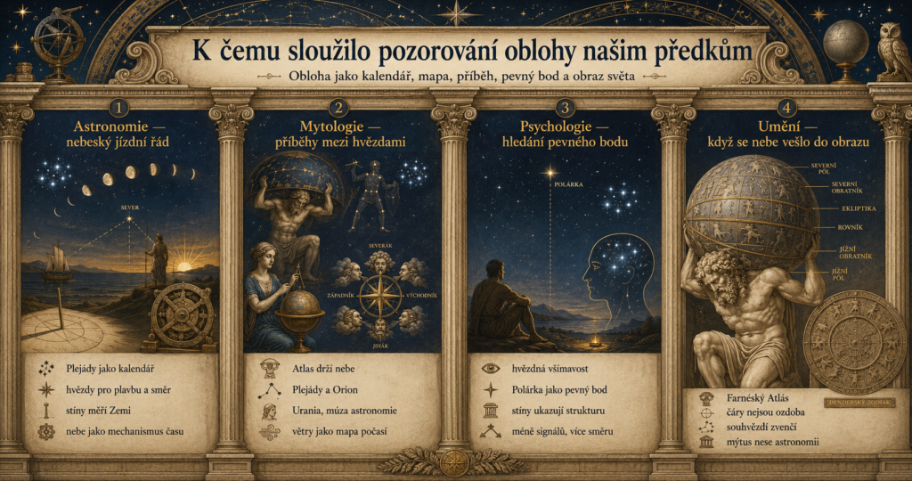 Infografika ve stylu antického chrámu ukazuje čtyři pilíře pozorování oblohy: astronomii, mytologii, psychologii a umění.