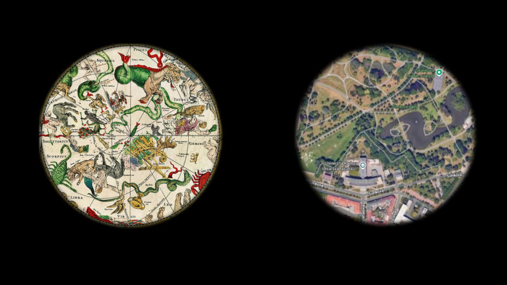 Dva kruhové obrazy na černém pozadí: vlevo historická hvězdná mapa se souhvězdími, vpravo moderní mapový pohled na krajinu shora.