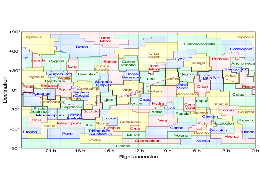 Vysvětlující mapa rozdělení oblohy na oficiální souhvězdí