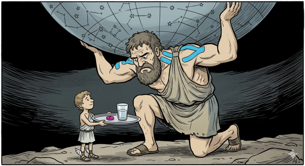 Komiksová ilustrace Atlanta, který nese nebeskou sféru; malý poslíček mu podává tác se sklenicí vody a růžovou tabletou.