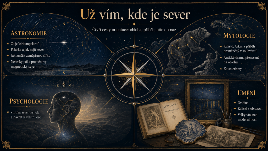 Přehledová infografika s kosmickým kompasem uprostřed a čtyřmi částmi věnovanými astronomii, mytologii, psychologii a umění.