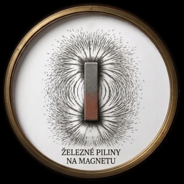 Dva kruhové obrazy vedle sebe: vlevo Země obklopená magnetickými siločarami, vpravo magnet s obrazcem železných pilin.