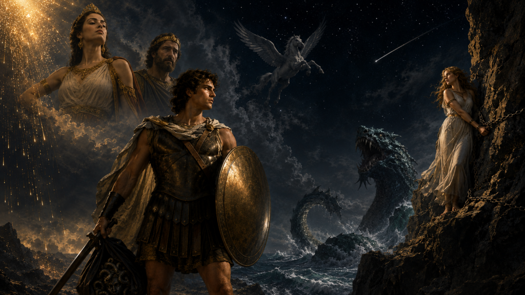 Výpravný filmový plakát k mýtu o Perseovi: hrdina se štítem a vakem s Medúzinou hlavou, zlatý déšť, pyšná Kassiopeia s Kefeem, Pegas, Andromeda u skály, mořská obluda Cetus a stopa Perseidy na noční obloze.